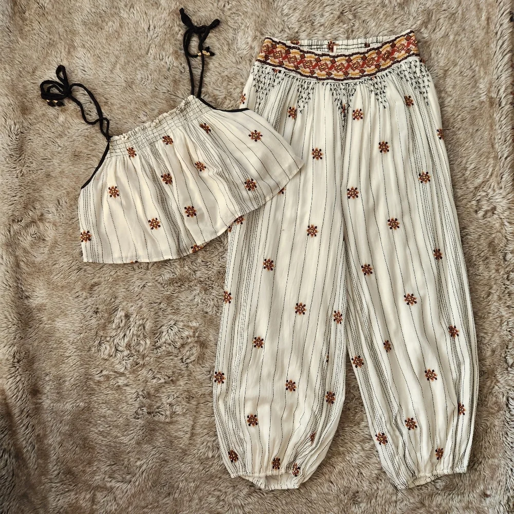 Free People Grasslands Embroidered Harem Pant Set Ivory Women's Size‎ Large